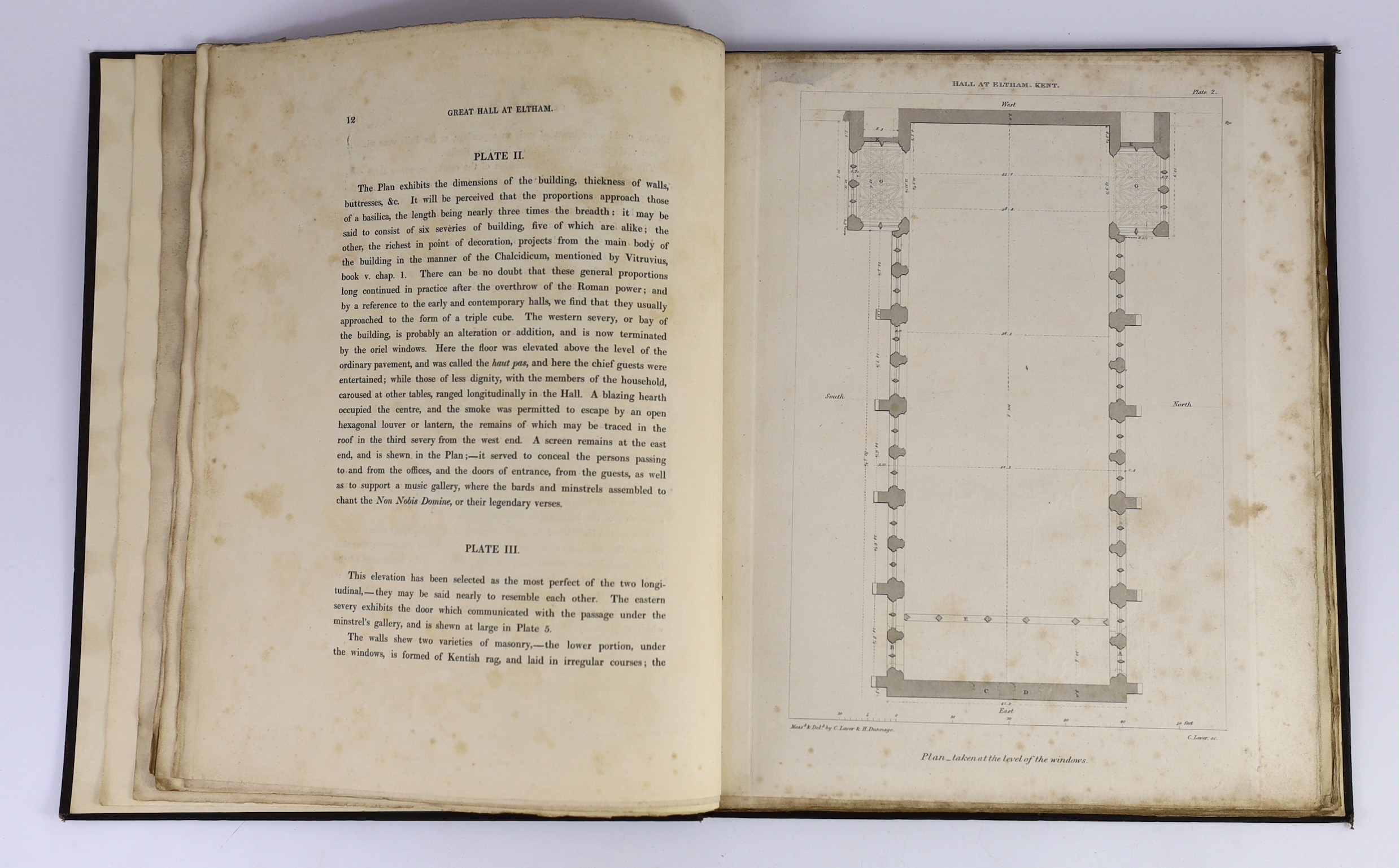 ELTHAM: Buckler, John Chessell - An Historical and Descriptive Account of the Royal Palace at Eltham. engraved frontis and text illus.; original cloth with printed spine label. 1828; Dunnage, H. & Laver, C. - Plans, Elev